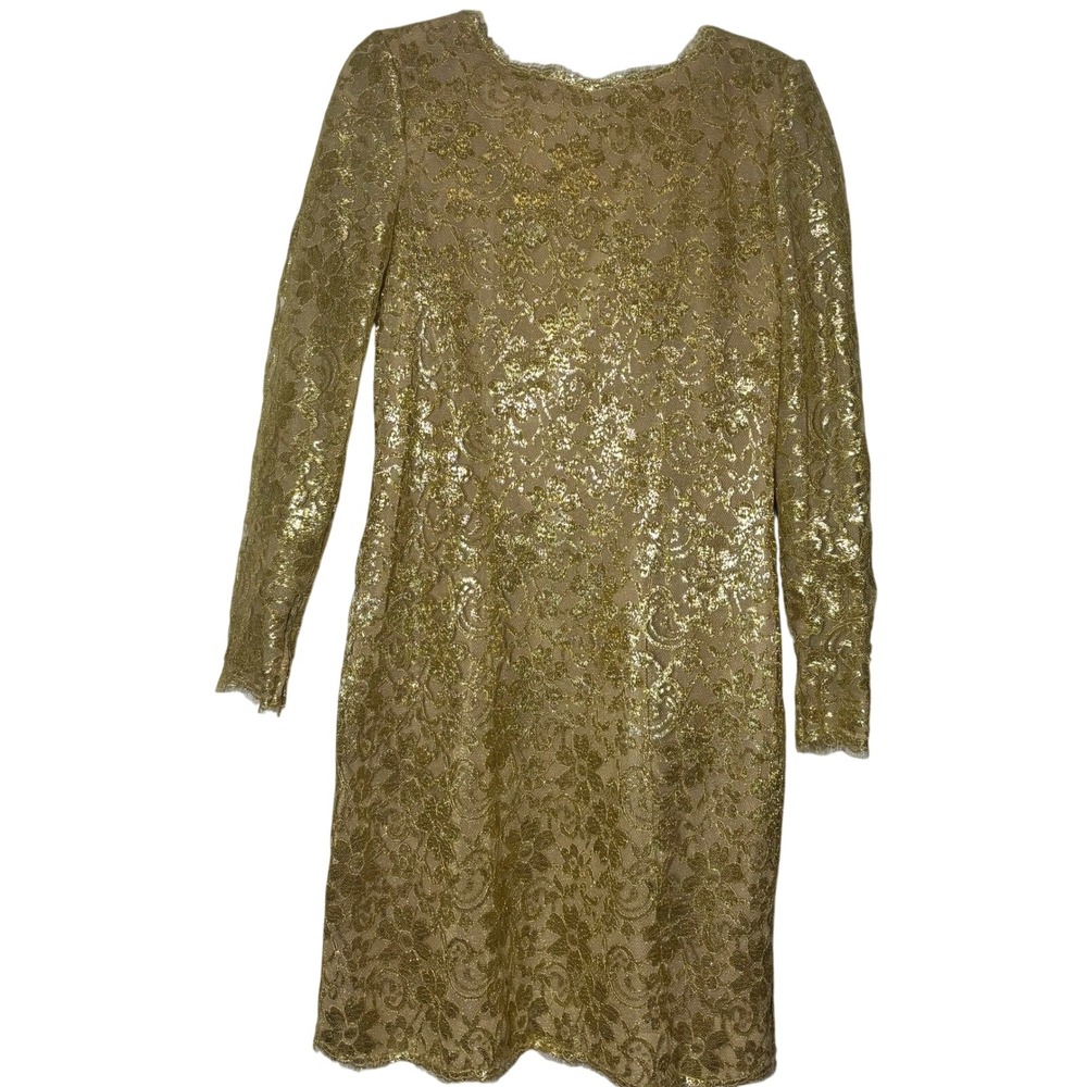 Victor Costa Vintage Cocktail Dress Women's Gold Excellent Lurex Lace 10
